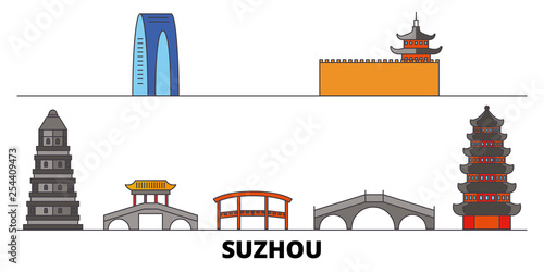 China, Suzhou flat landmarks vector illustration. China, Suzhou line city with famous travel sights, design skyline. 