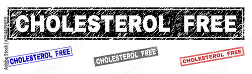 Grunge CHOLESTEROL FREE rectangle stamp seals isolated on a white background. Rectangular seals with distress texture in red, blue, black and grey colors.