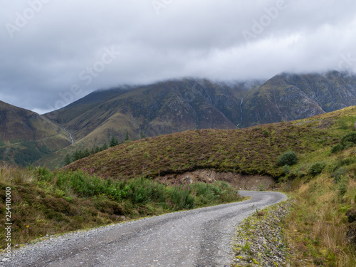 hiking path through a valley with mountains and heather landscape