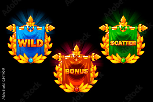Slots icons, vector collections symbols wild, bonus and scatter. For game, user interface, application, interface, slots and 2D game development.