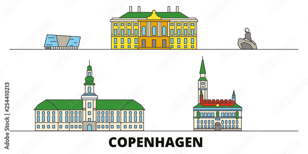 Photography Denmark, Copenhagen flat landmarks vector illustration