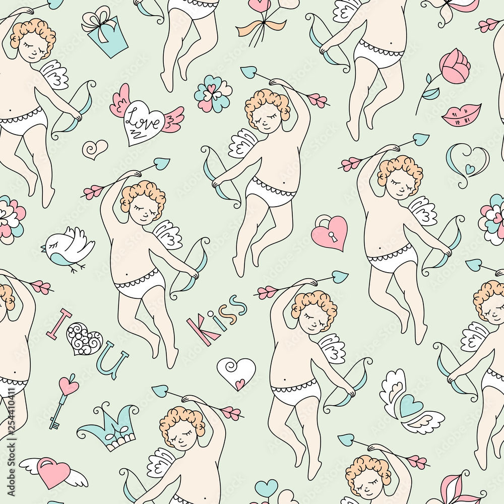 Cute cartoon angel with bow and arrow. Doodle design elements Valentine's Day. Heart, wings, crown, butterfly, bow, key, bird, gift, love, a flower, a kiss. Seamless pattern vector illustration. Cute cartoon angel with bow and arrow. Doodle design elements Valentine's Day. Heart, wings, crown, butterfly, bow, key, bird, gift, love, a flower, a kiss. Seamless pattern vector illustration.