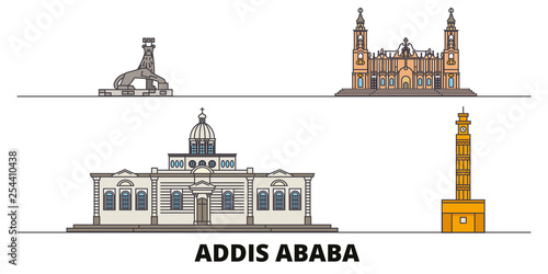Ethiopia, Addis Ababa flat landmarks vector illustration. Ethiopia, Addis Ababa line city with famous travel sights, design skyline. 