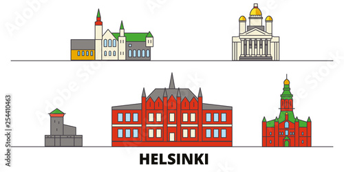 Finland, Helsinki flat landmarks vector illustration. Finland, Helsinki line city with famous travel sights, design skyline. 