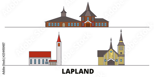 Finland, Lapland flat landmarks vector illustration. Finland, Lapland line city with famous travel sights, design skyline. 