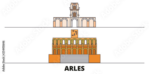 France, Arles flat landmarks vector illustration. France, Arles line city with famous travel sights, design skyline. 
