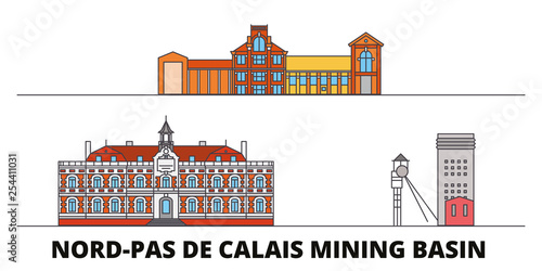 France, Nord Pas De Calais Mining Basin  flat landmarks vector illustration. France, Nord Pas De Calais Mining Basin  line city with famous travel sights, design skyline. 