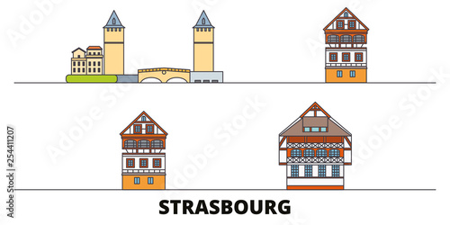 France, Strasbourg City flat landmarks vector illustration. France, Strasbourg City line city with famous travel sights, design skyline. 
