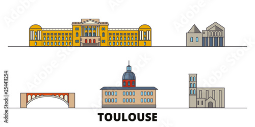 France, Toulouse flat landmarks vector illustration. France, Toulouse line city with famous travel sights, design skyline. 