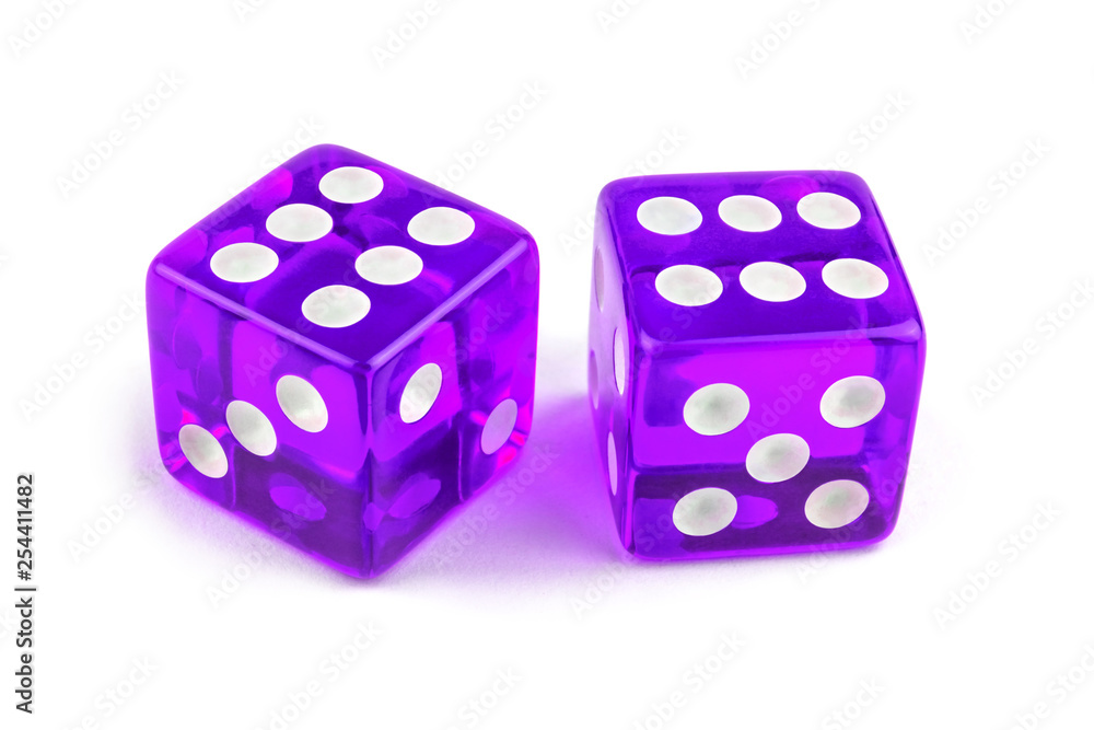 Two purple glass dice isolated on white background. Six and six. Two purple glass dice isolated on white background. Six and six.