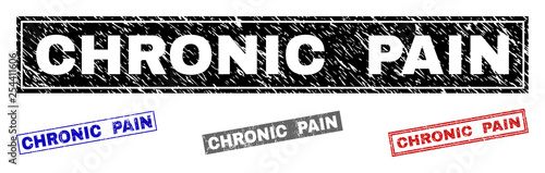 Grunge CHRONIC PAIN rectangle stamp seals isolated on a white background. Rectangular seals with grunge texture in red, blue, black and gray colors.