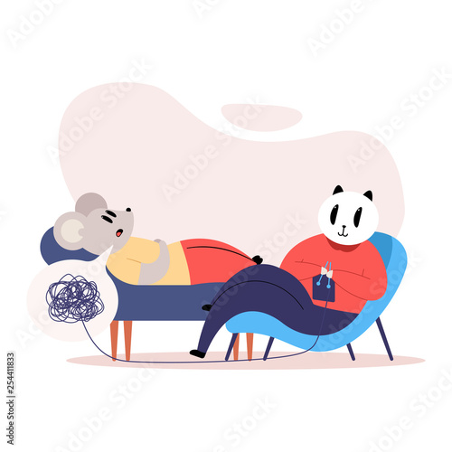 Psychotherapy vector cartoon concept illustration with a psychotherapist cat and a mouse patient and a ball of thread.
