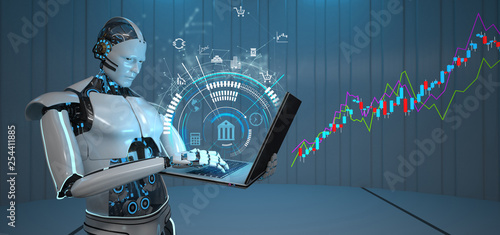 Humanoider Roboter als Wertpapierhändler mit einem Notebook und Candle-Stick-Chart
