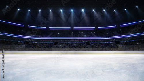 empty ice rink arena indoor view illuminated by spotlights, hockey and skating stadium indoor 3D render illustration background, my own design.