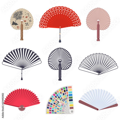 Hand Japanese and Chinese traditional fans and color guide book swatch vector flat set isolated on a white background.