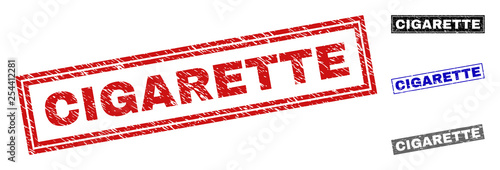 Grunge CIGARETTE rectangle stamp seals isolated on a white background. Rectangular seals with grunge texture in red, blue, black and gray colors.