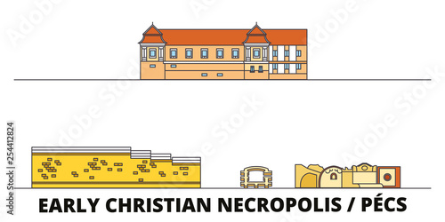 Hungary, Pecs, Early Christian Necropolis  flat landmarks vector illustration. Hungary, Pecs, Early Christian Necropolis  line city with famous travel sights, design skyline. 