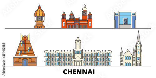 India, Chennai flat landmarks vector illustration. India, Chennai line city with famous travel sights, design skyline. 