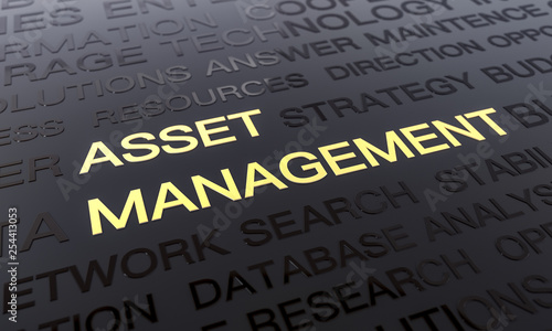 Asset Management Background, Word Cloud Concept In Black and Gold