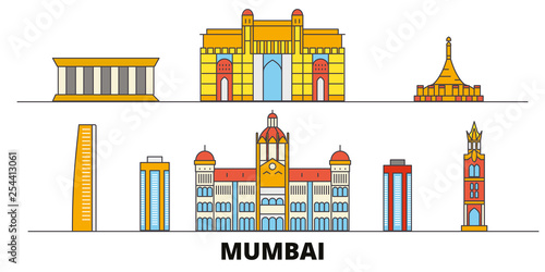 India, Mumbai flat landmarks vector illustration. India, Mumbai line city with famous travel sights, design skyline. 