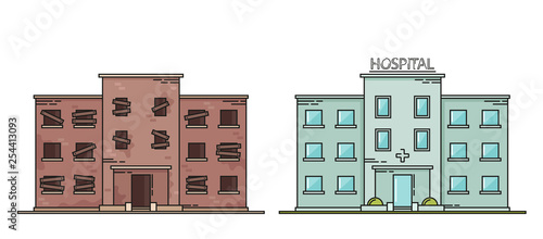 Hospital: Abandoned and Repaired. Flat Line Style. Vector Illustration