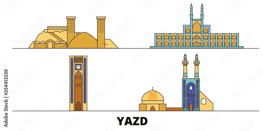 Iran, Yazd flat landmarks vector illustration. Iran, Yazd line city with famous travel sights, design skyline.