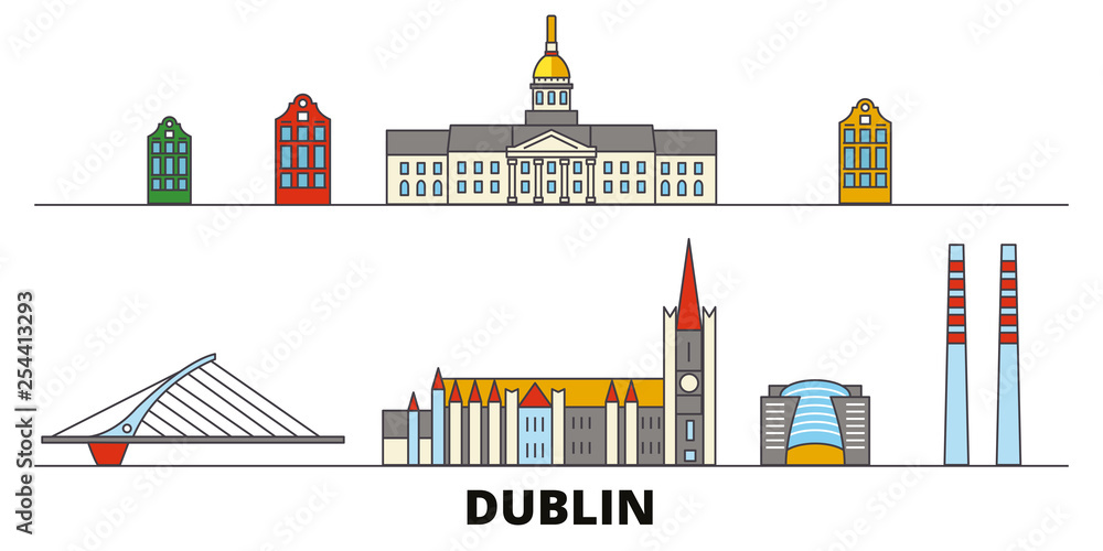 Obraz premium Ilustracja wektorowa płaskie zabytki Irland, Dublin. Irland, miasto na linii Dublina ze słynnymi atrakcjami turystycznymi, designerską panoramą.
