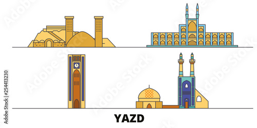 Obraz na płótnie Iran, Yazd flat landmarks vector illustration. Iran, Yazd line city with famous travel sights, design skyline. w salonie