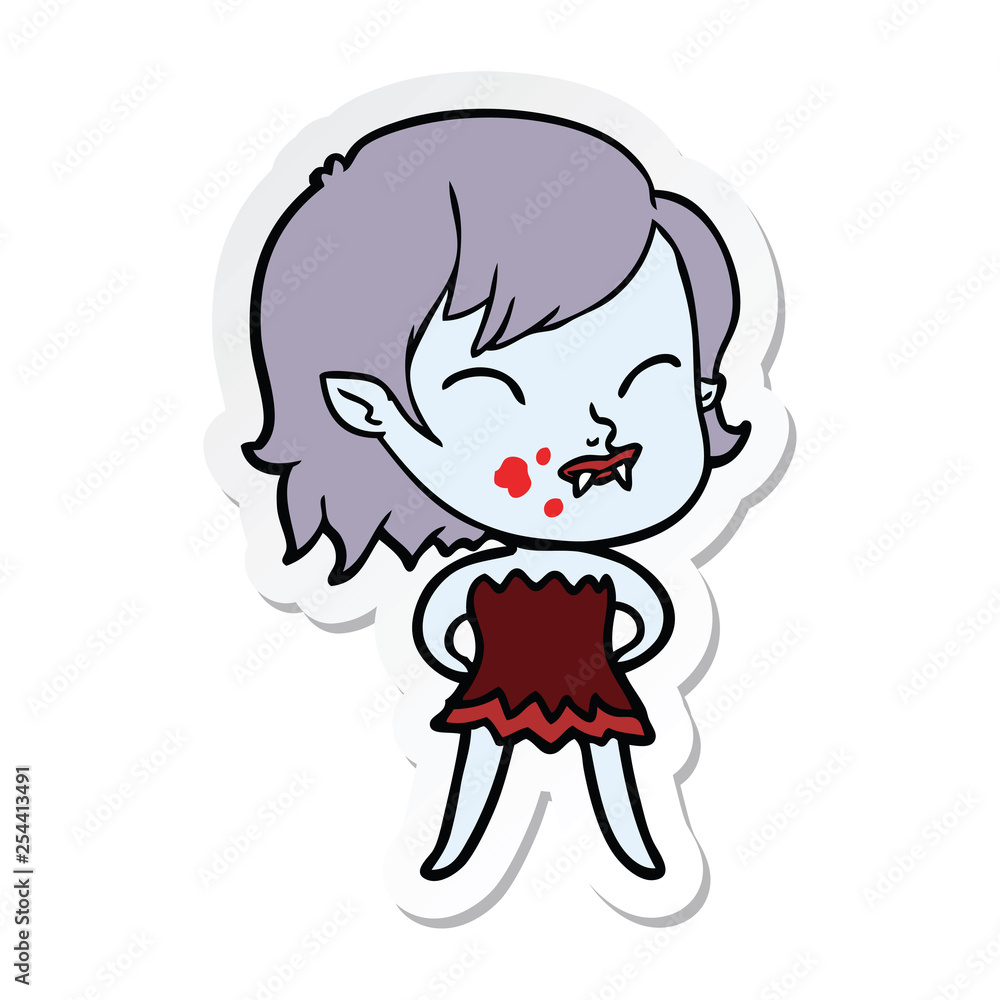 sticker of a cartoon vampire girl with blood on cheek sticker of a cartoon vampire girl with blood on cheek