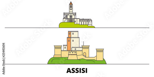 Italy, Assisi flat landmarks vector illustration. Italy, Assisi line city with famous travel sights, design skyline. 