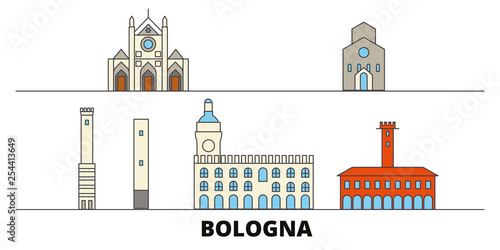 Italy, Bologna flat landmarks vector illustration. Italy, Bologna line city with famous travel sights, design skyline. 