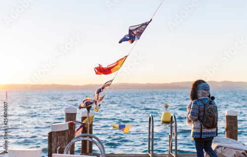 Sunset with red-yellow sun on a lake or sea. Sky, shore, sun and water. Flags of different cities, countries and territories. Free space for text.
