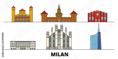 Italy, Milan flat landmarks vector illustration. Italy, Milan line city with famous travel sights, design skyline. 