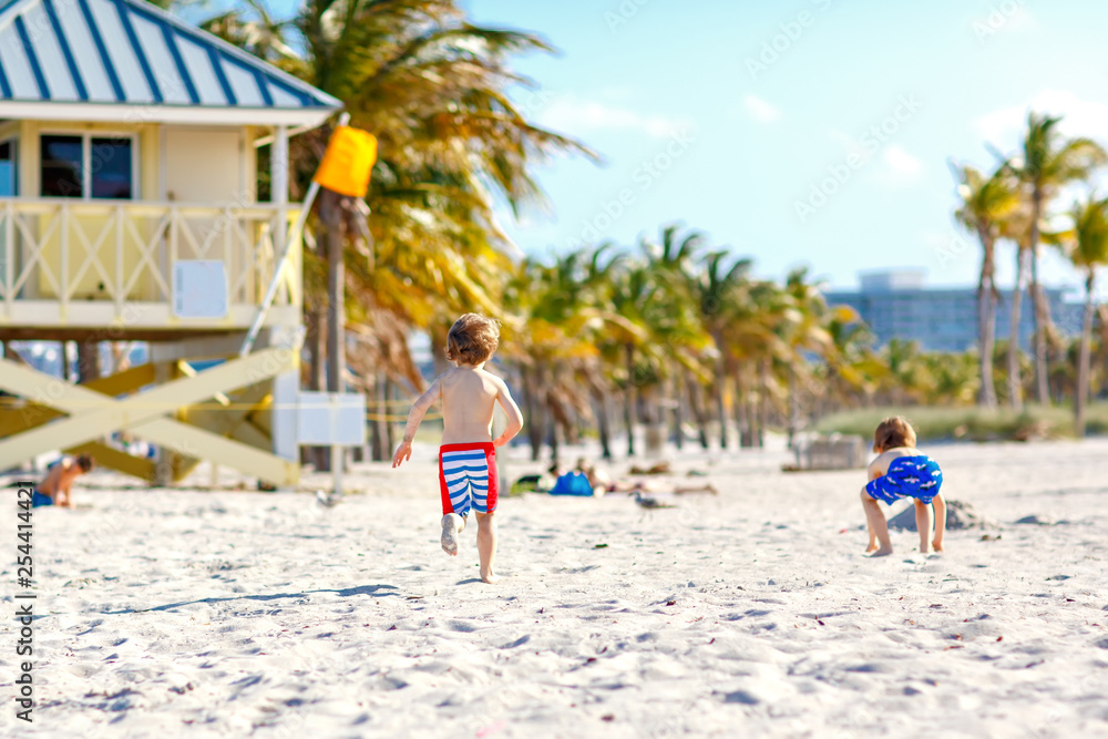 Two little kids boys having fun on tropical beach, happy best friends playing with sand, friendship concept. Siblings brothes in swim trousers hunting seagulls. Key Biscayne, Miami, Florida.