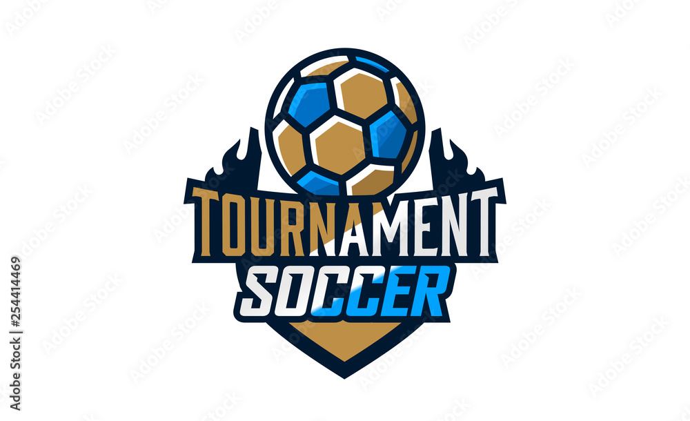 Logo football club, soccer ball emblem. Shield and flying soccer ball. Football school tournament, goal, competition, flame, fire. Colorful Vector Illustration Logo football club, soccer ball emblem. Shield and flying soccer ball. Football school tournament, goal, competition, flame, fire. Colorful Vector Illustration