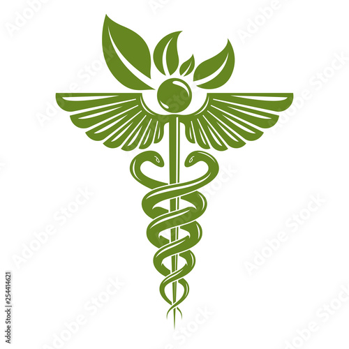 Caduceus symbol composed with poisonous snakes and bird wings, healthcare conceptual vector illustration. Alternative medicine theme.