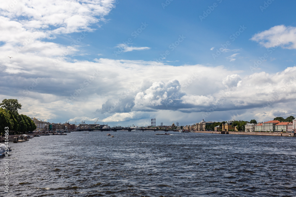 View from the Palace Bridge to the Neva River towards the port. St. Petersburg. Russia.