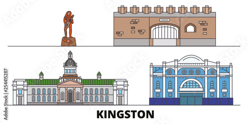 Jamaica, Kingston flat landmarks vector illustration. Jamaica, Kingston line city with famous travel sights, design skyline. 