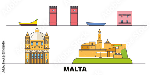 Malta flat landmarks vector illustration. Malta line city with famous travel sights, design skyline. 