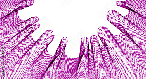 Vector abstract background with wave of flowing particles frame, smooth curve shape lines, particle array flow. 3d shape dots blended mesh, future technology useful border.