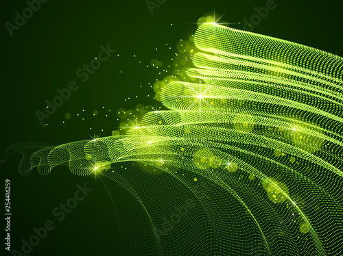 Wave of flowing magic particles over dark relaxing illustration, transparent tulle textile on wind. Round dots vector abstract background. Beautiful wave shaped array of blended points.