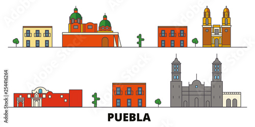 Mexico, Puebla flat landmarks vector illustration. Mexico, Puebla line city with famous travel sights, design skyline. 