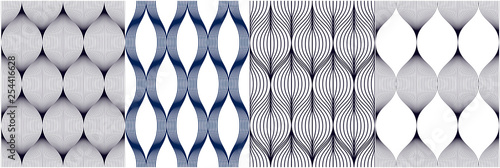 Seamless geometric patterns set. Geometric simple fashion fabric prints. Vector repeating tile textures collection. Wavy curve shapes trendy repeat motif. Single color, black and white.