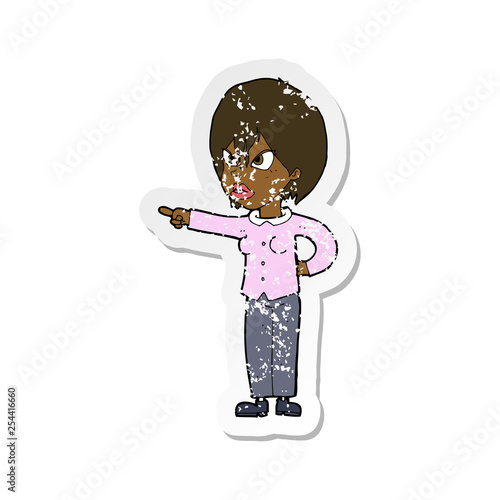 retro distressed sticker of a cartoon woman accusing