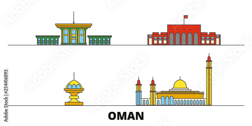 Oman, Muscat flat landmarks vector illustration. Oman, Muscat line city with famous travel sights, design skyline. 