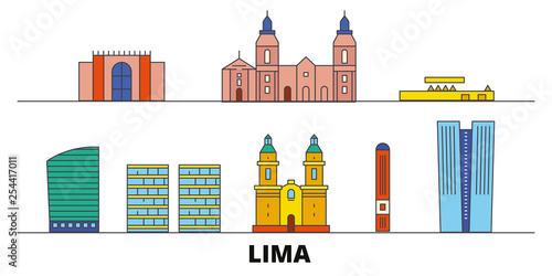 Peru, Lima flat landmarks vector illustration. Peru, Lima line city with famous travel sights, design skyline. 