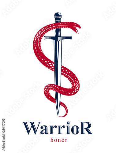 Snake and Dagger, Serpent wraps around a sword vector vintage tattoo, Roman god Mercury, luck and trickery, allegorical logo or emblem of ancient symbol.