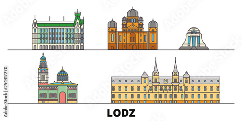 Poland, Lodz flat landmarks vector illustration. Poland, Lodz line city with famous travel sights, design skyline. 