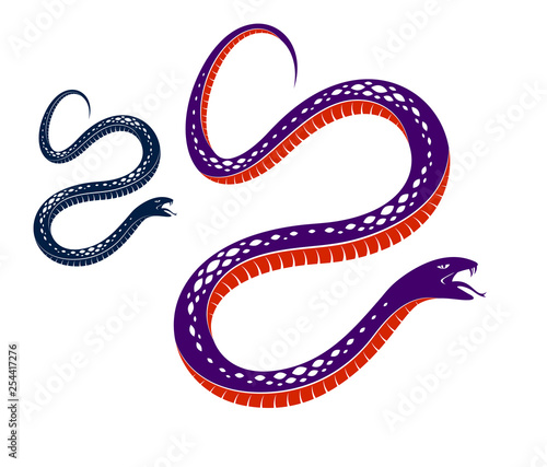 Venomous snake vintage tattoo, vector drawing of aggressive predator reptile, deadly poisoned serpent symbol, vintage style illustration.