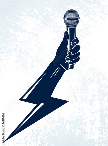 Microphone in hand in a shape of lightning, rap battle rhymes music, karaoke singing or standup comedy, vector logo or illustration, concert festival or night club label, t-shirt print.